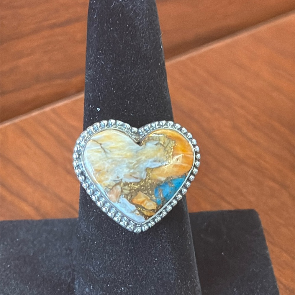 New 925 Sterling Silver Spiny Oyster Turquoise Heart Shaped Ring - Size 8